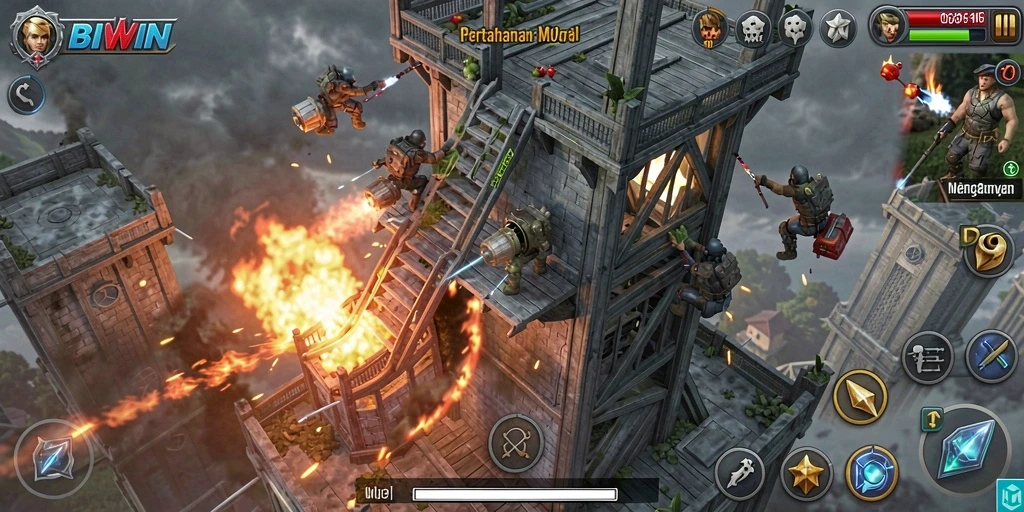 Gameplay menegangkan dalam BIWIN dengan berbagai menara dan musuh.