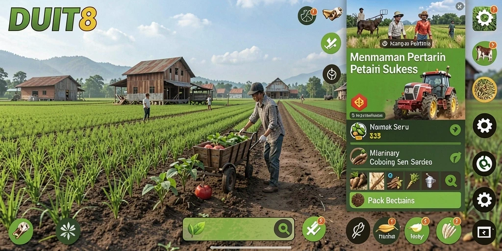 Screenshot gameplay <strong>DUIT8</strong> menunjukkan kebun yang subur dan aktivitas bertani.