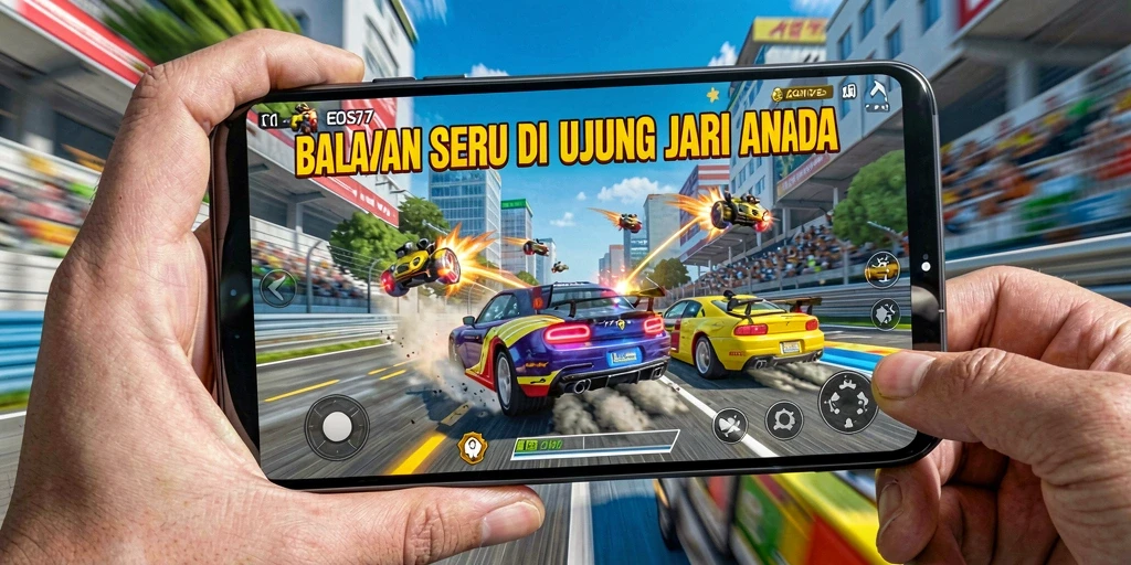 Screenshot gameplay yang menampilkan balapan mendebarkan di EOS77.