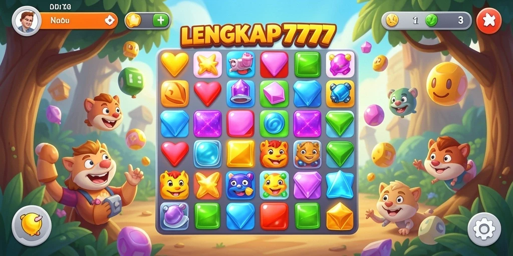 Tampilan gameplay seru dari LENGKAP777 menunjukkan aksi mencocokkan elemen.