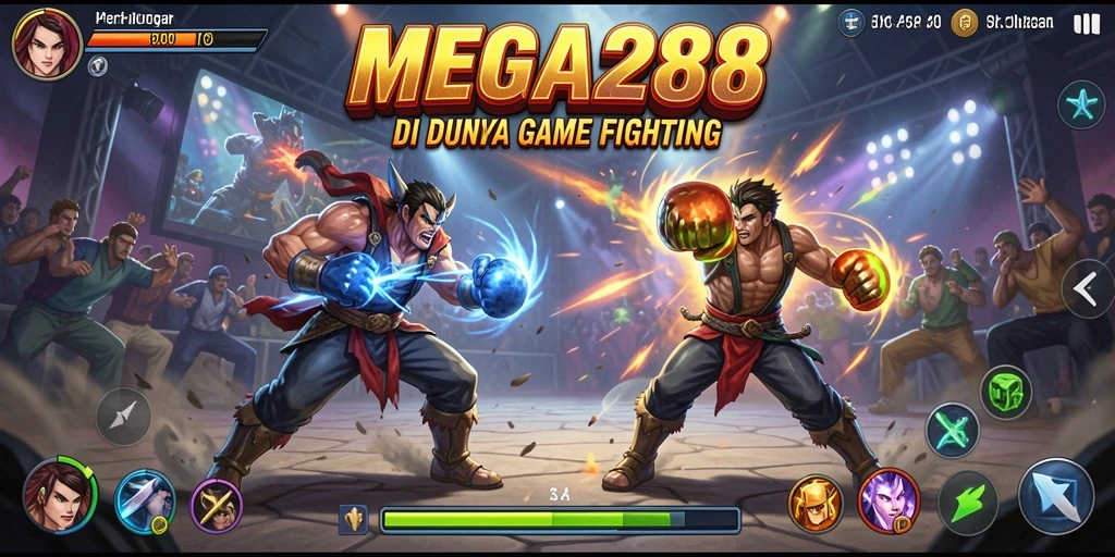 Tampilan pertarungan epik dalam game MEGA288 dengan karakter beragam.