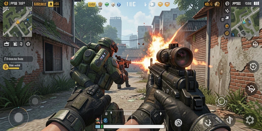 Screenshot gameplay PP88 menunjukkan pertempuran FPS yang mendebarkan.