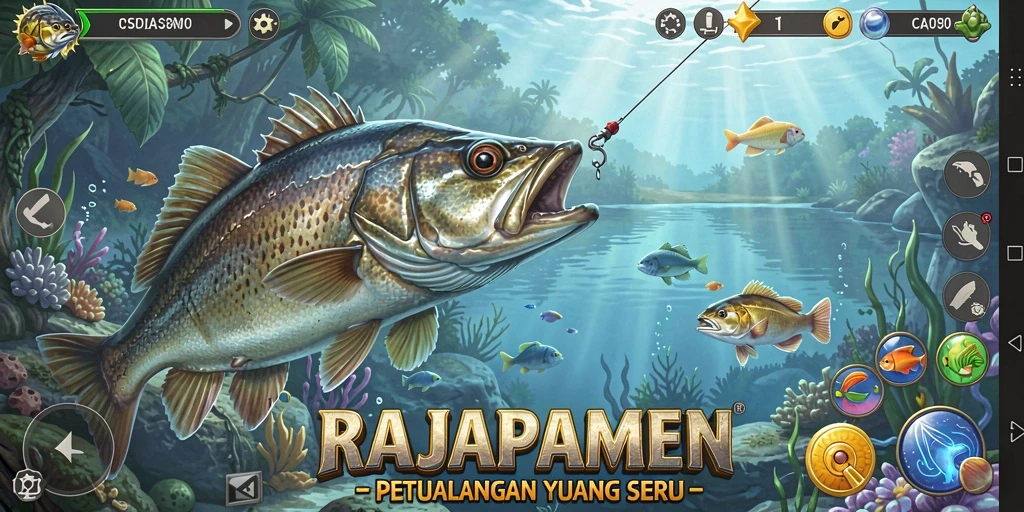 Gameplay seru dalam RAJAPAMEN saat memancing di danau indah.