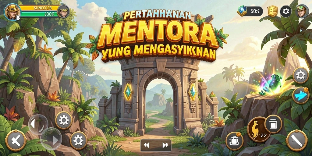 Screenshot menunjukkan gameplay menara pertahanan yang intens dan strategis.