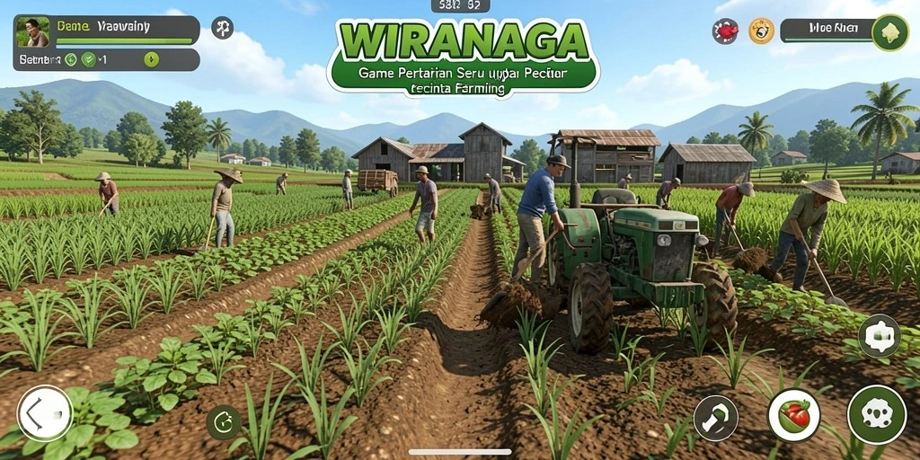 Screenshot gameplay WIRANAGA dengan suasana pertanian yang indah.